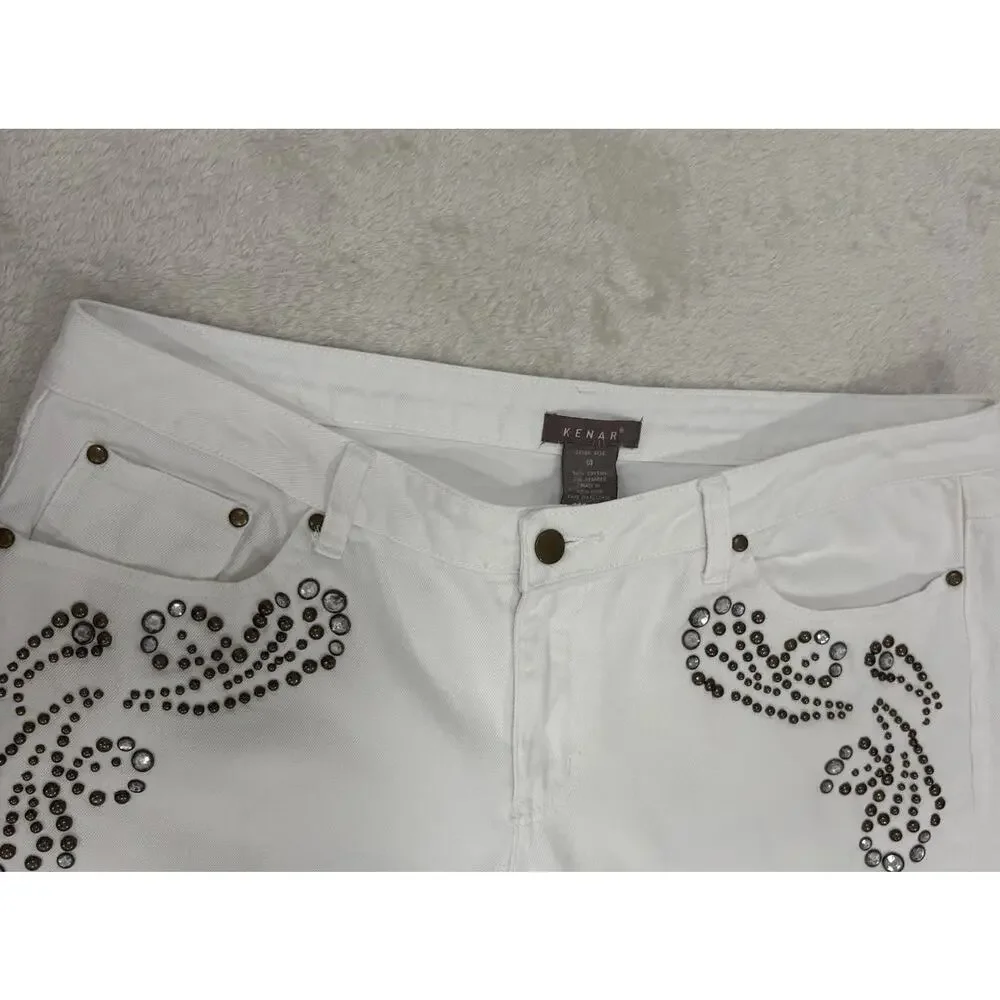 KENAR White Rhinestone Studded Flare Jeans Y2K Bling Cowgirl Size 14